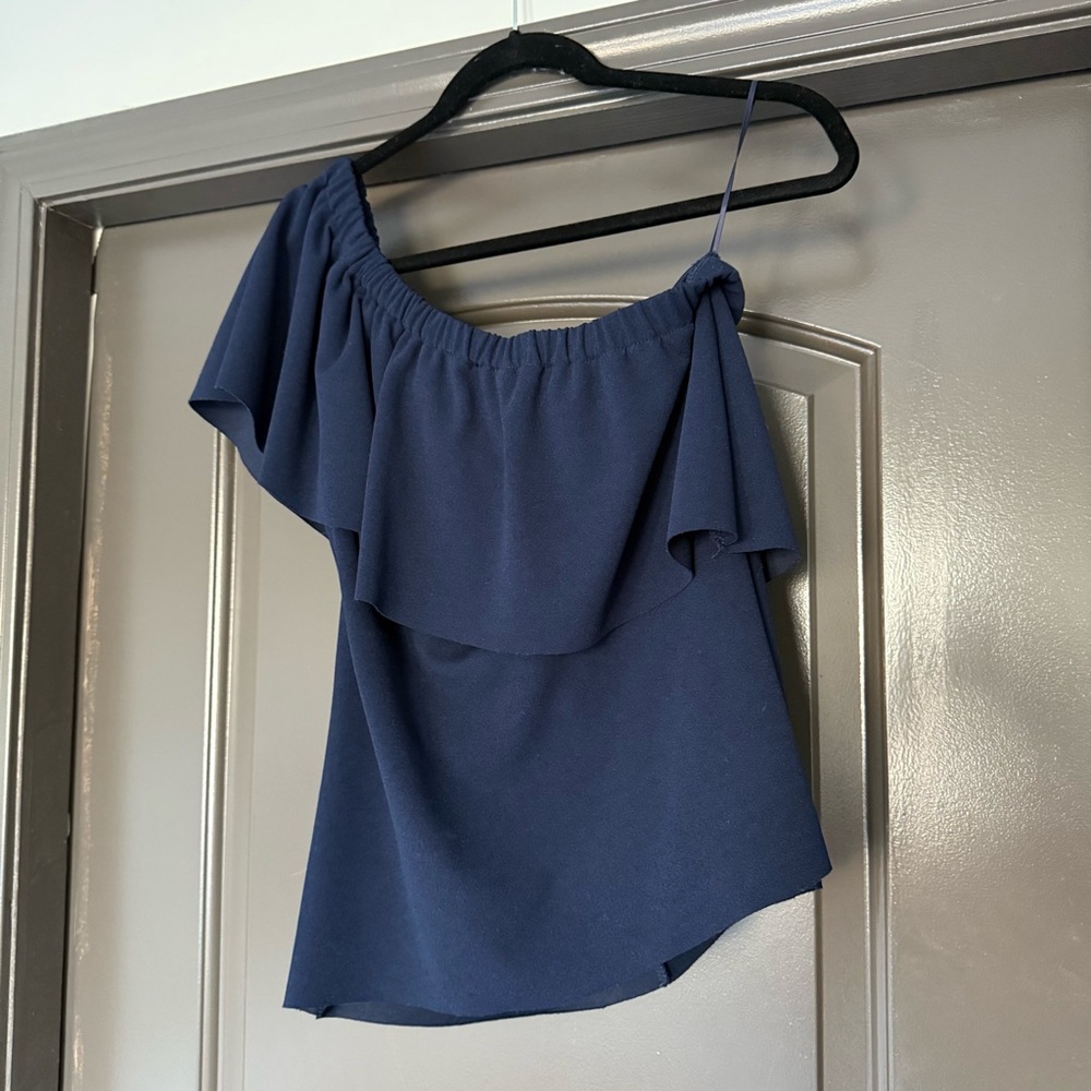 Warehouse one shoulder ruffle sleeve navy short sleeve top
